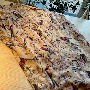 Bird scarf- yellow w/ pink birds, blue on each end.